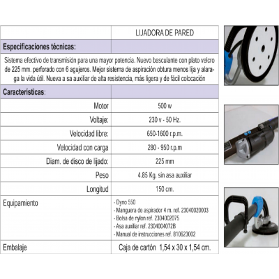 Lijadora pared Dyno 550. Profesional,150cm longitud. Plato velcro